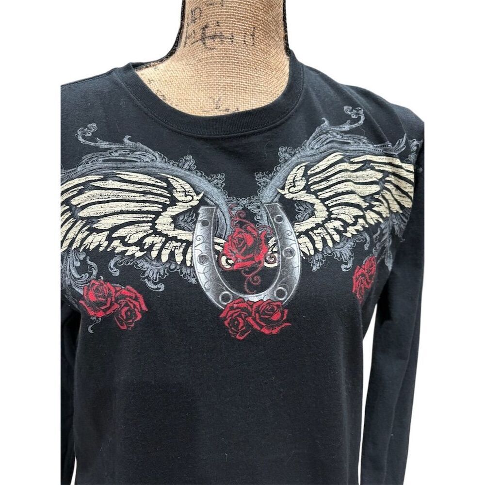 Anvil Women's M Black Long Sleeve T-Shirt Embroidered Casual Top - Picture 2 of 7